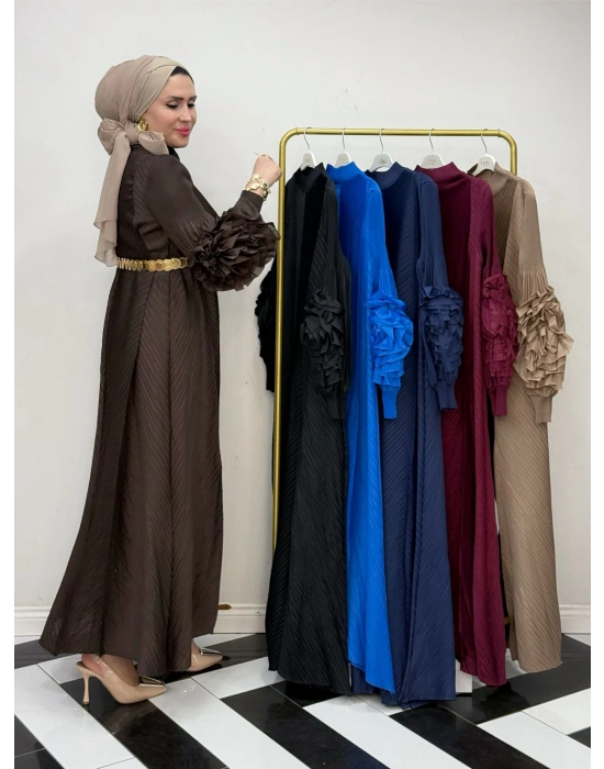 İthal Volan Detaylı Elbise Kahverengi