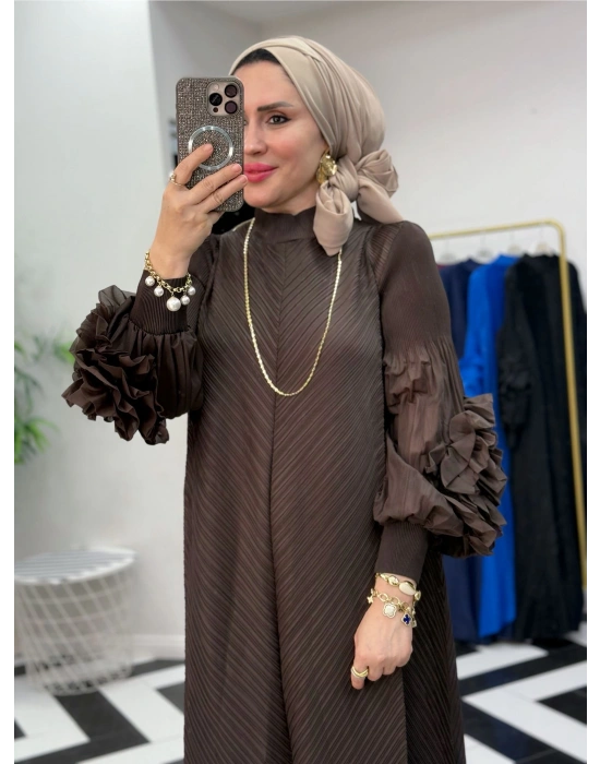 İthal Volan Detaylı Elbise Kahverengi