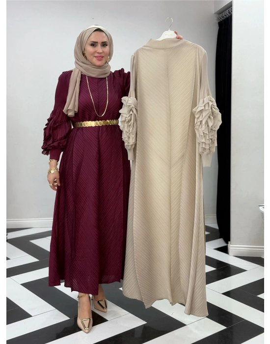 İthal Volan Detaylı Elbise Krem