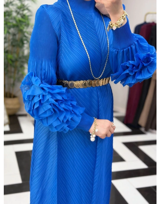 İthal Volan Detaylı Elbise Mavi