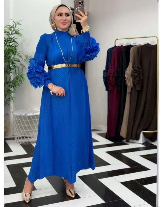 İthal Volan Detaylı Elbise Mavi