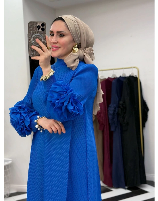 İthal Volan Detaylı Elbise Mavi