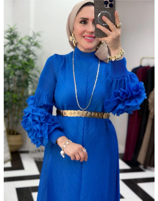 İthal Volan Detaylı Elbise Mavi