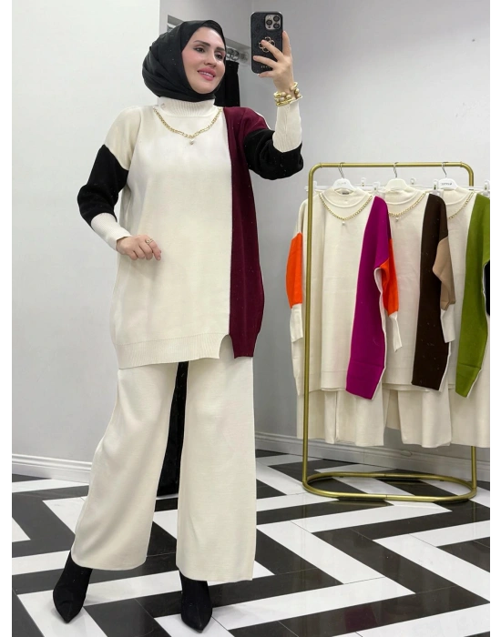 Kendinden Kolye Detaylı Triko Takım Bordo