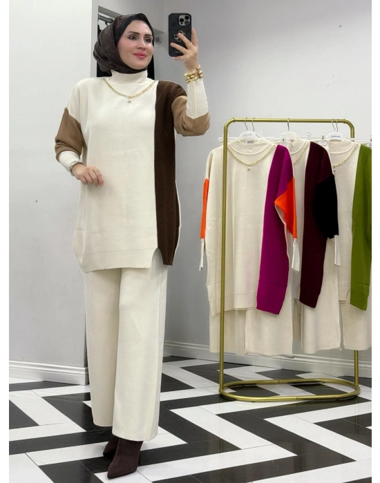 Kendinden Kolye Detaylı Triko Takım Kahverengi