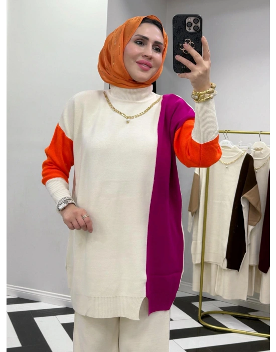 Kendinden Kolye Detaylı Triko Takım Fuşya