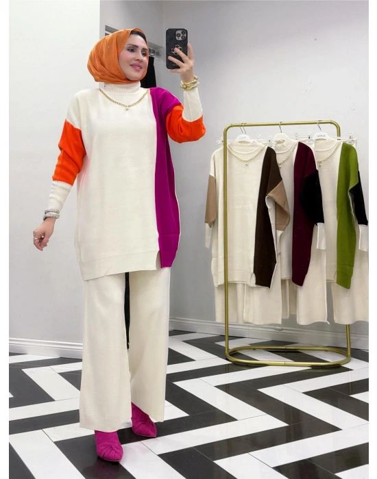 Kendinden Kolye Detaylı Triko Takım Fuşya