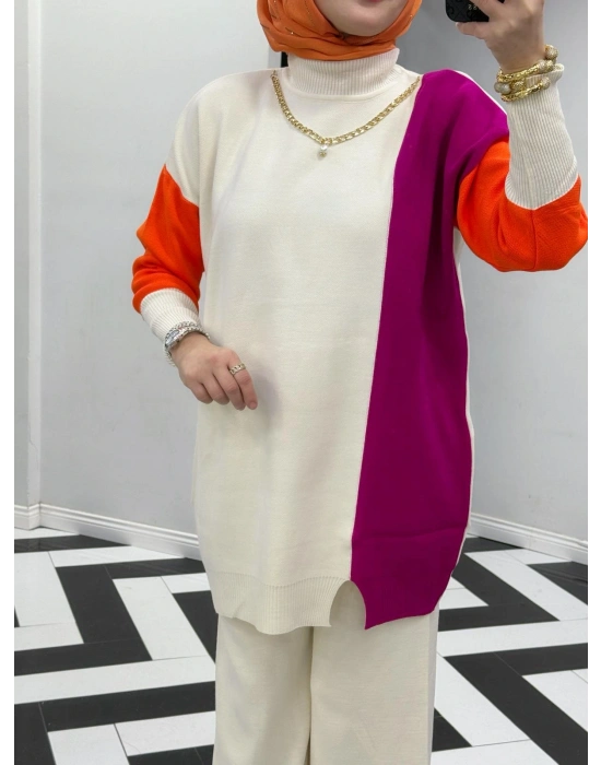 Kendinden Kolye Detaylı Triko Takım Fuşya