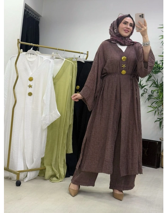 Keten Kumaş Kap Model Takım Kahverengi