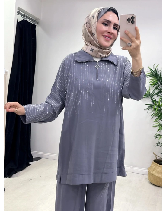 Modal Kumaş Taşlı Takım Gri