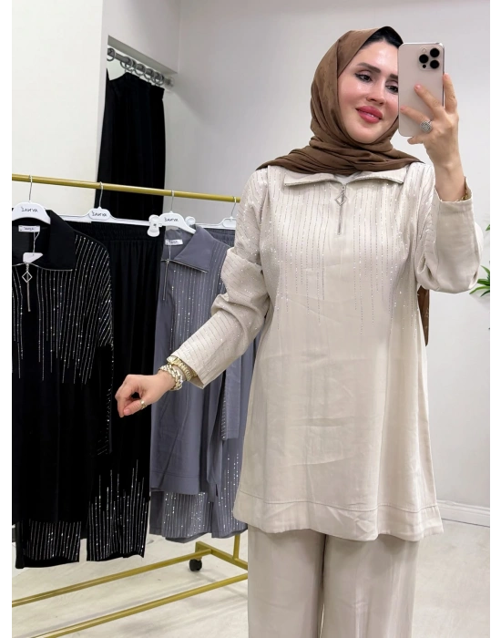Modal Kumaş Taşlı Takım Krem