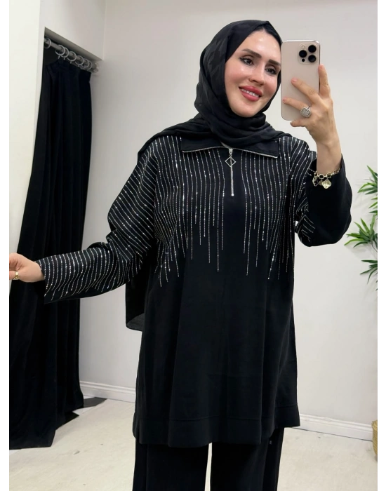 Modal Kumaş Taşlı Takım Siyah