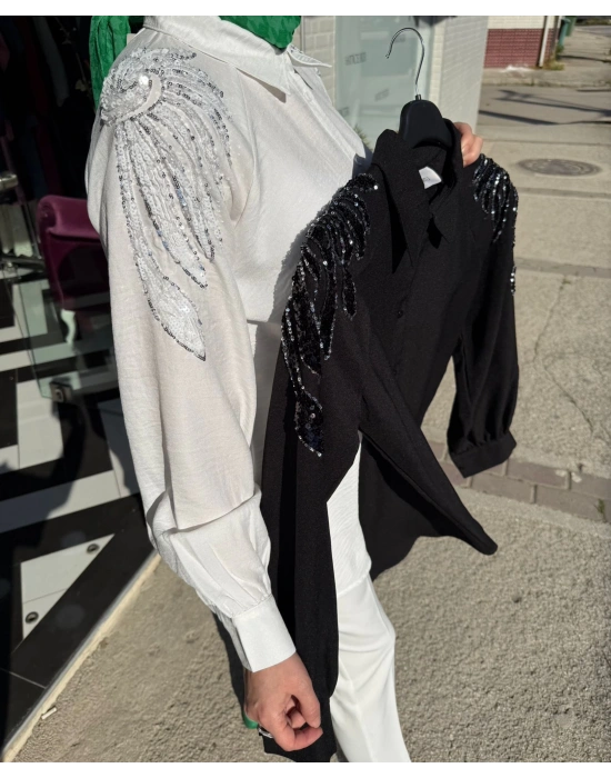 Omuz Taş İşlemeli Şık Siyah Gömlek