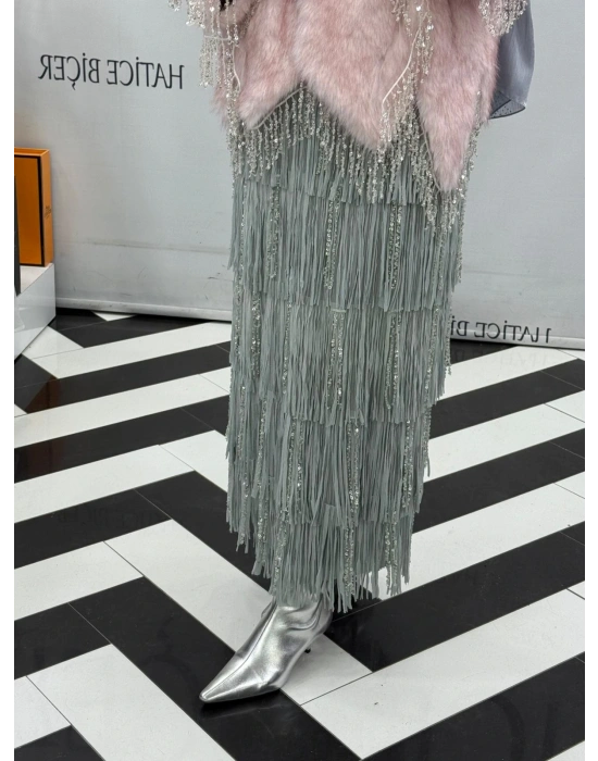 Payetli Püsküllü İthal Etek Gri