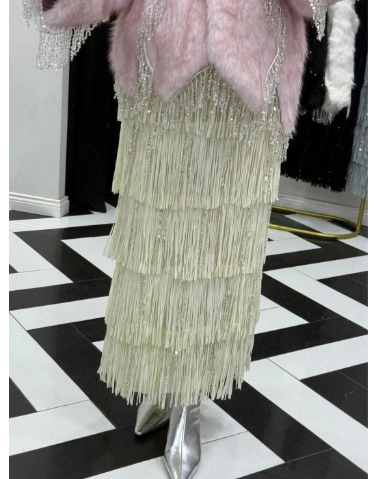 Payetli Püsküllü İthal Etek Krem