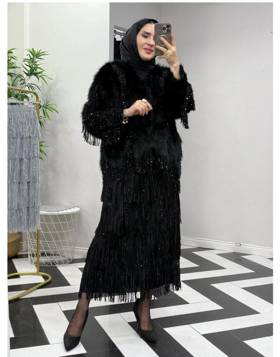 Payetli Püsküllü İthal Etek Siyah