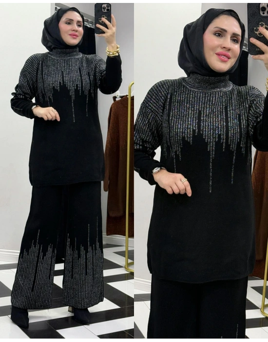 Sim Detaylı Triko Takım Siyah