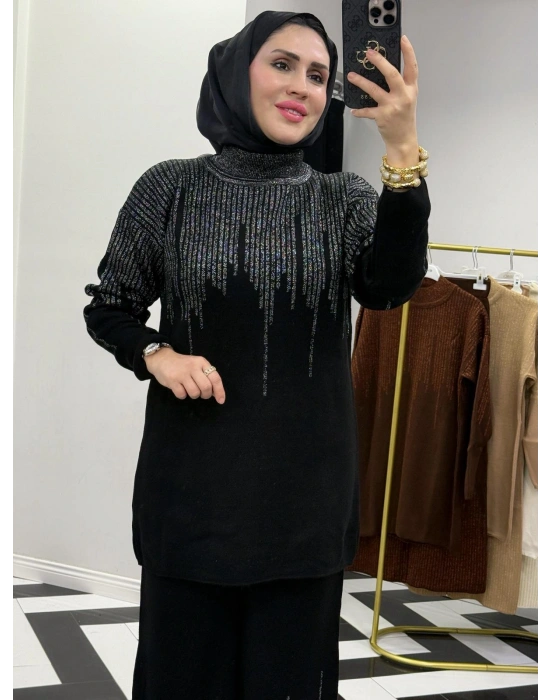 Sim Detaylı Triko Takım Siyah