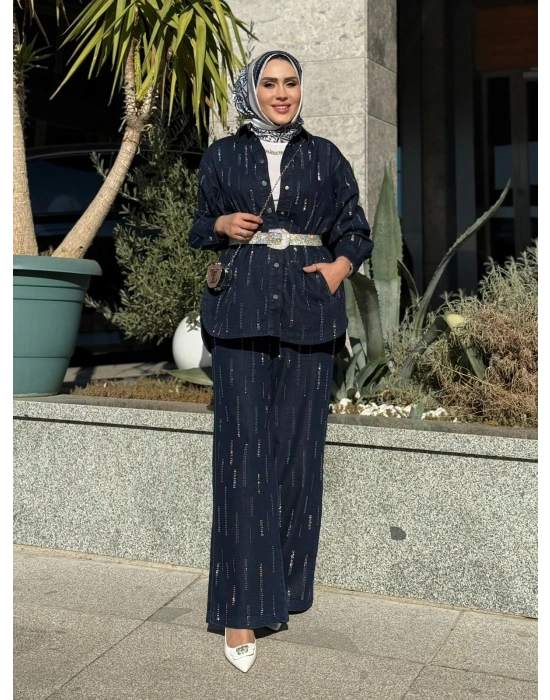 Taş Detaylı Kot Takım Koyu Renk