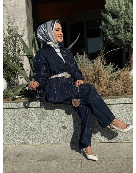 Taş Detaylı Kot Takım Koyu Renk