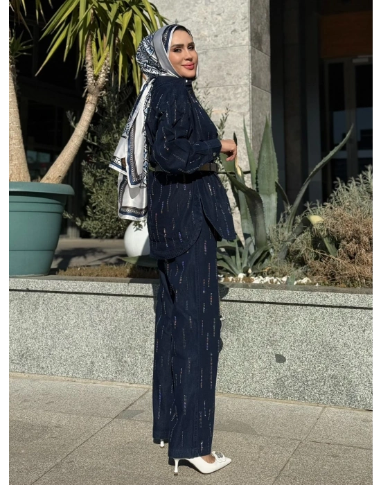 Taş Detaylı Kot Takım Koyu Renk