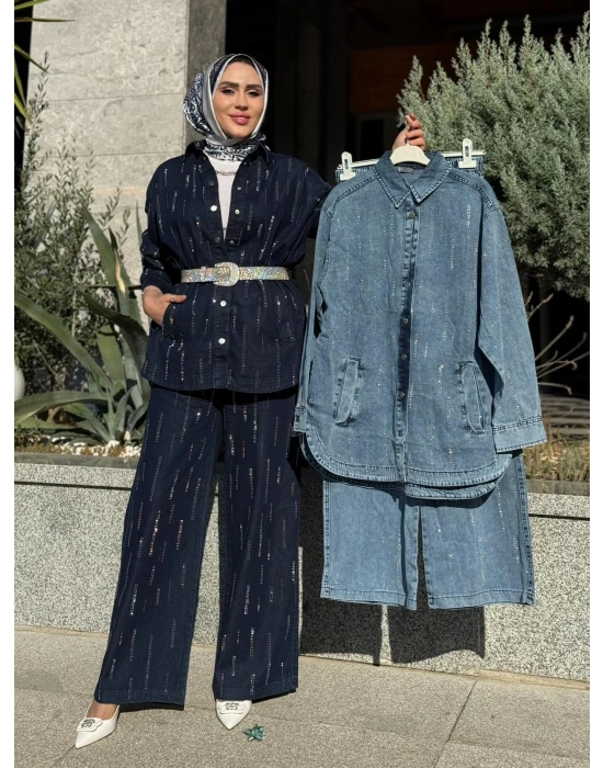 Taş Detaylı Kot Takım Koyu Renk