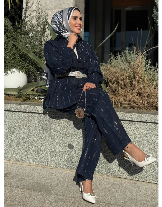 Taş Detaylı Kot Takım Koyu Renk