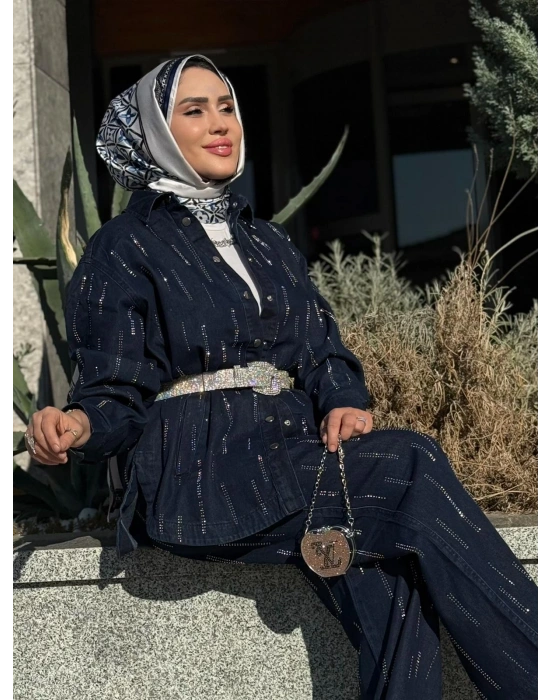 Taş Detaylı Kot Takım Koyu Renk