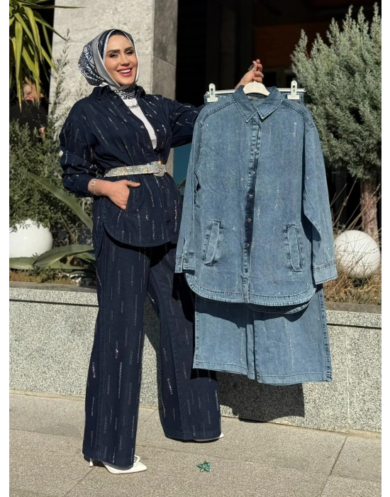 Taş Detaylı Kot Takım Koyu Renk