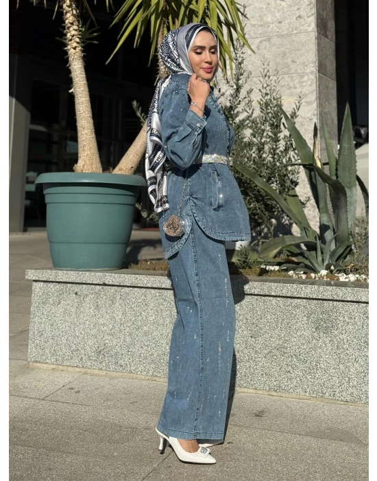 Taş Detaylı Kot Takım Açık Renk