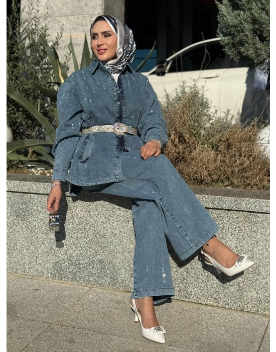 Taş Detaylı Kot Takım Açık Renk