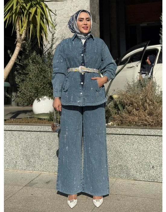 Taş Detaylı Kot Takım Açık Renk