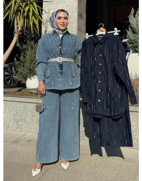 Taş Detaylı Kot Takım Açık Renk