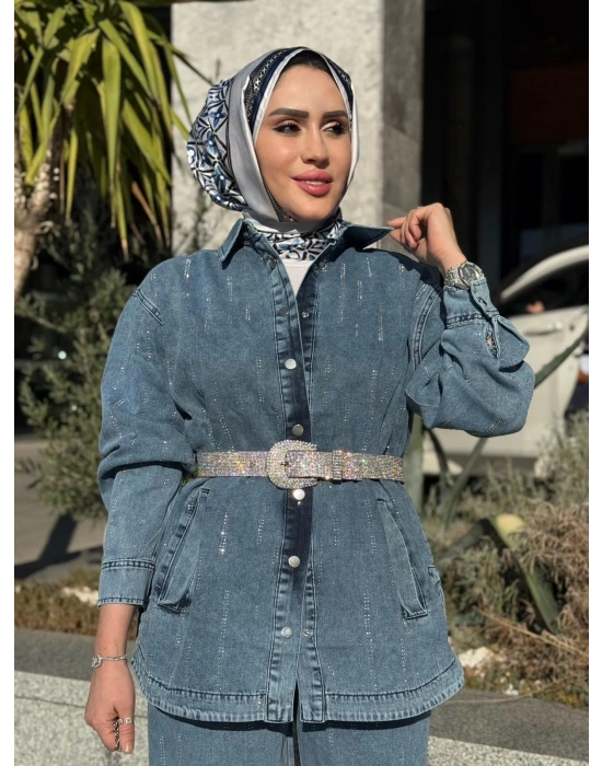 Taş Detaylı Kot Takım Açık Renk