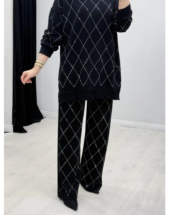 Taşlı Baklava Desen Takım Siyah