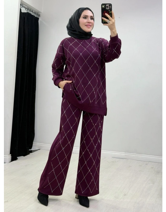 Taşlı Baklava Desen Takım Bordo