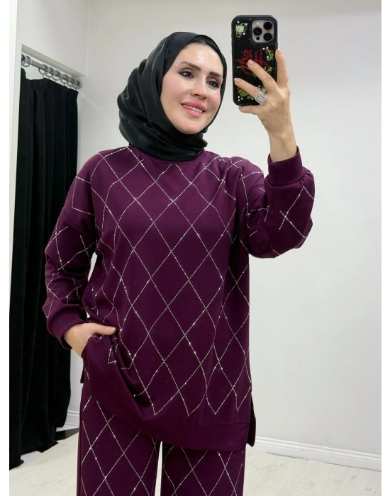 Taşlı Baklava Desen Takım Bordo