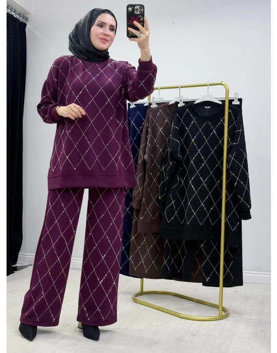 Taşlı Baklava Desen Takım Bordo