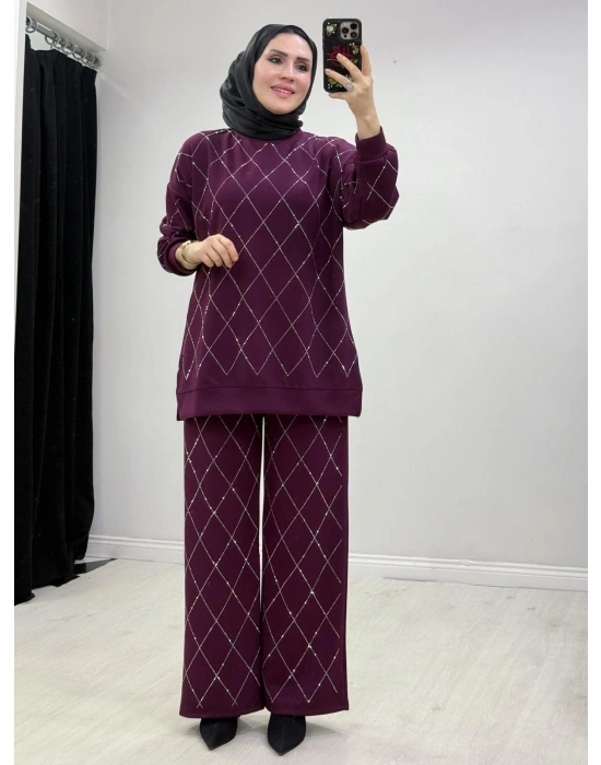 Taşlı Baklava Desen Takım Bordo