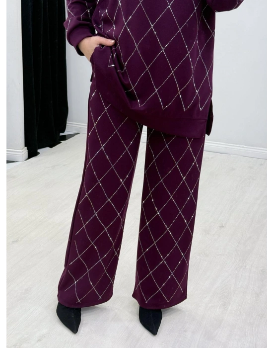 Taşlı Baklava Desen Takım Bordo