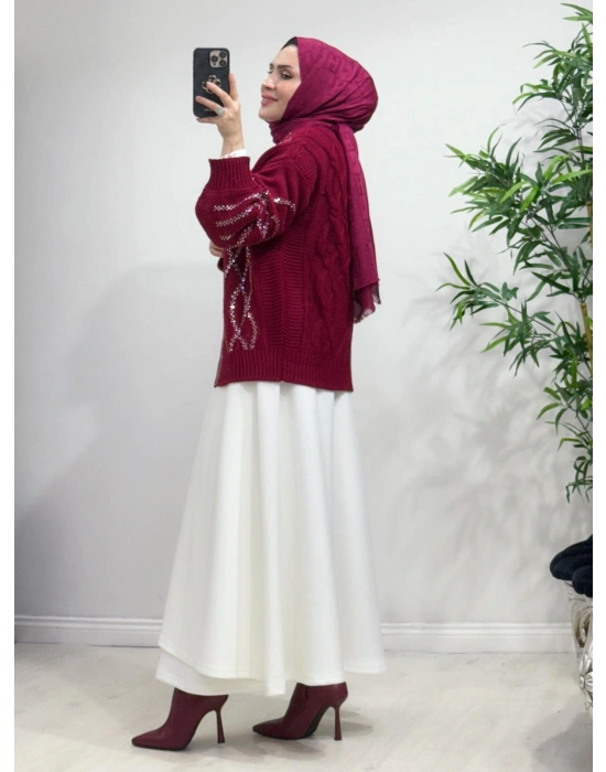 Taşlı Triko Hırka Bordo