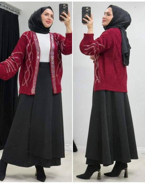 Taşlı Triko Hırka Bordo