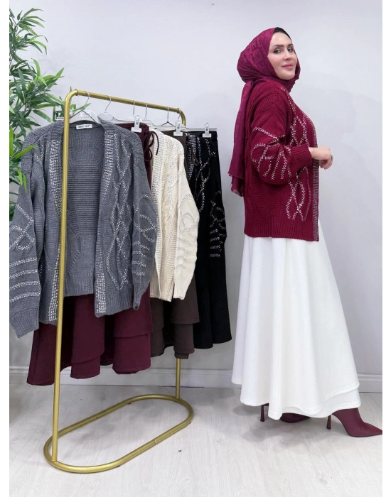 Taşlı Triko Hırka Bordo