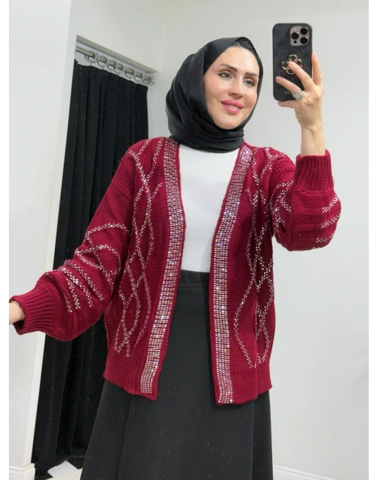 Taşlı Triko Hırka Bordo