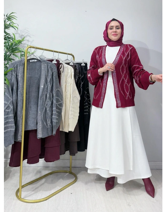 Taşlı Triko Hırka Bordo