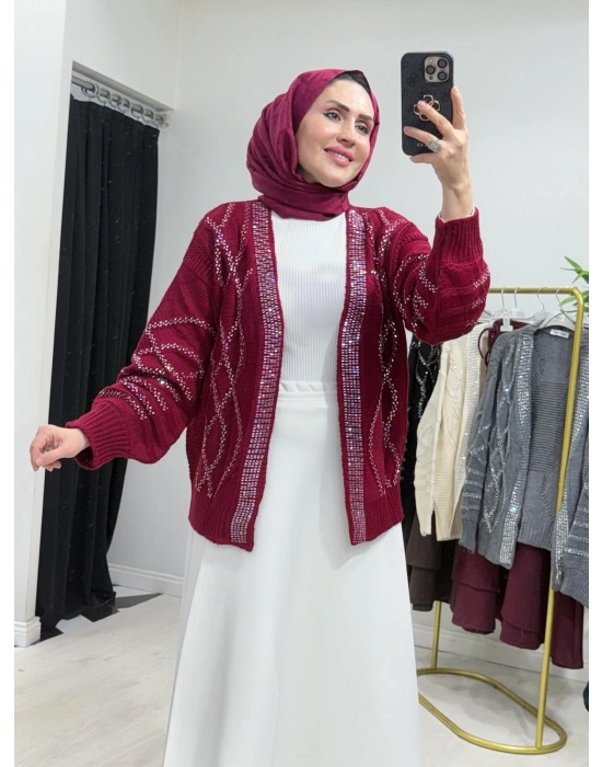 Taşlı Triko Hırka Bordo