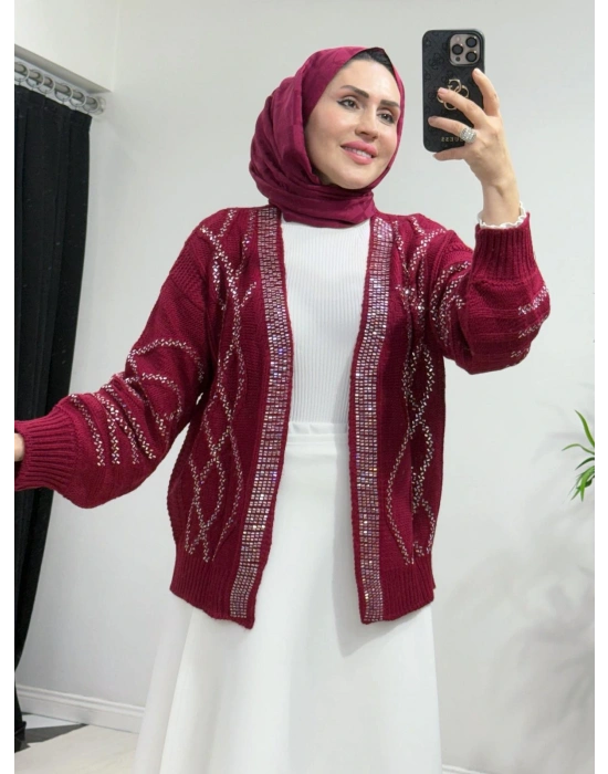 Taşlı Triko Hırka Bordo