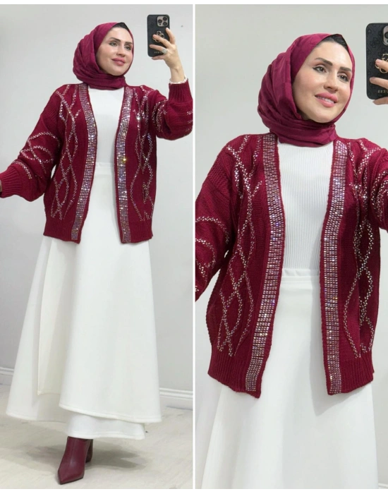 Taşlı Triko Hırka Bordo