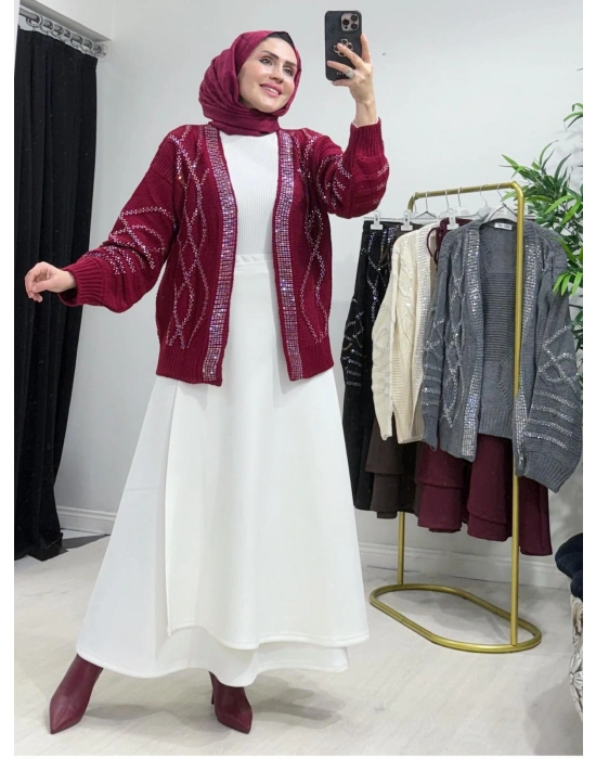 Taşlı Triko Hırka Bordo