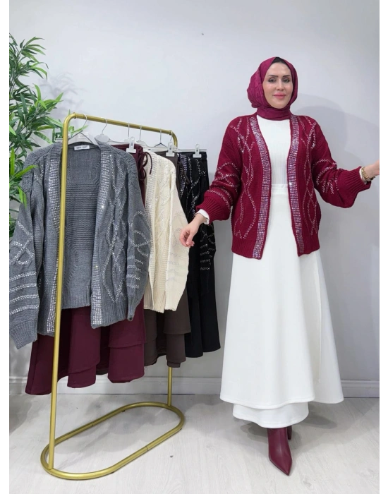 Taşlı Triko Hırka Bordo